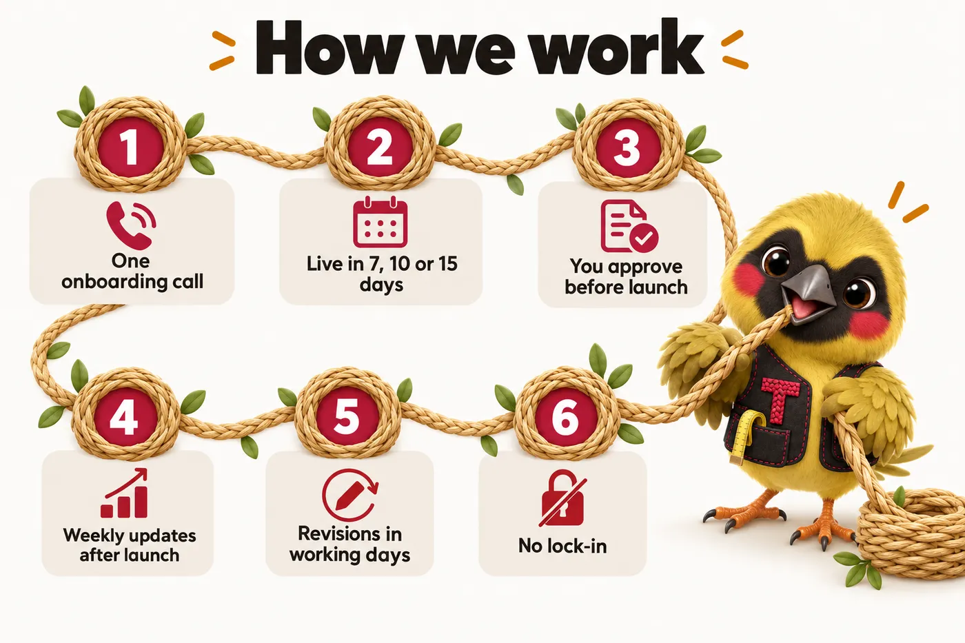 Infographic with Twill the mascot: How we work. One onboarding call. Live in 7, 10 or 15 days. You approve before launch. Weekly updates after launch. Revisions in working days. No lock-in.