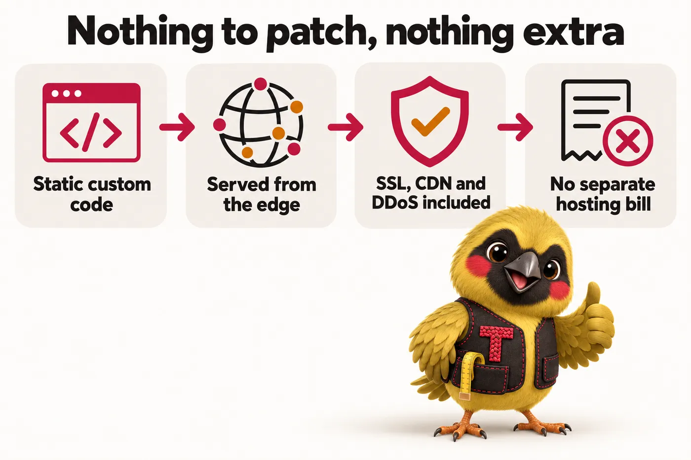 Infographic with Twill the mascot: Nothing to patch, nothing extra. Static custom code. Served from the edge. SSL, CDN and DDoS included. No separate hosting bill.
