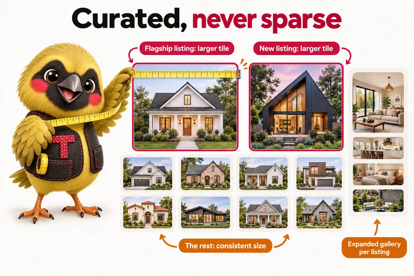 Infographic with Twill the mascot: Curated, never sparse. Flagship listing: larger tile. New listing: larger tile. The rest: consistent size. Expanded gallery per listing.