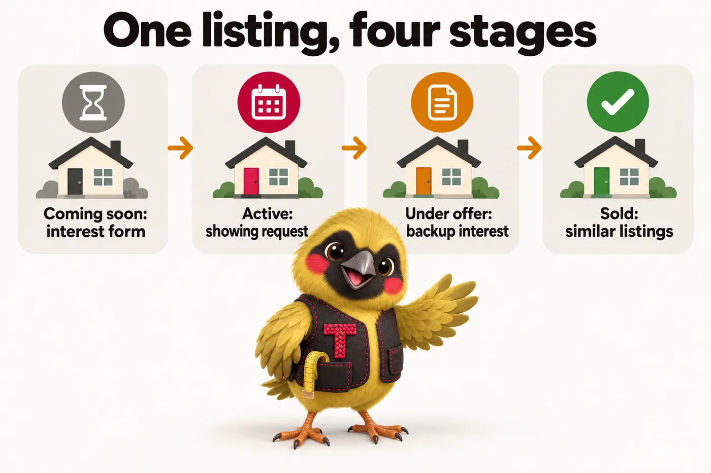 Infographic with Twill the mascot: One listing, four stages. Coming soon: interest form. Active: showing request. Under offer: backup interest. Sold: similar listings.