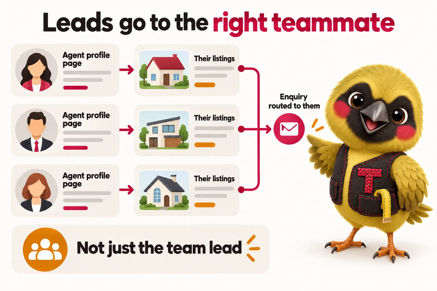 Infographic with Twill the mascot: Leads go to the right teammate. Agent profile page. Their listings. Enquiry routed to them. Not just the team lead.