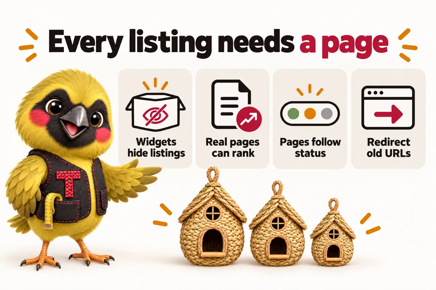 Infographic with Twill the mascot: Every listing needs a page. Widgets hide listings. Real pages can rank. Pages follow status. Redirect old URLs.