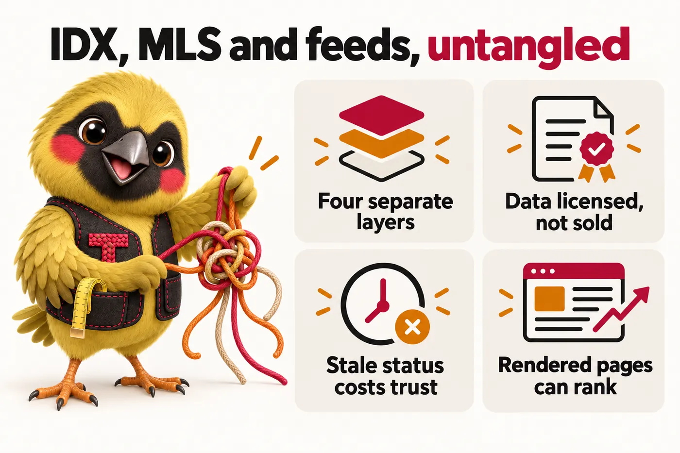 Infographic with Twill the mascot: IDX, MLS and feeds, untangled. Four separate layers. Data licensed, not sold. Stale status costs trust. Rendered pages can rank.