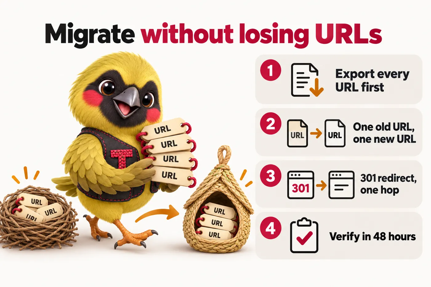 Infographic with Twill the mascot: Migrate without losing URLs. Export every URL first. One old URL, one new URL. 301 redirect, one hop. Verify in 48 hours.