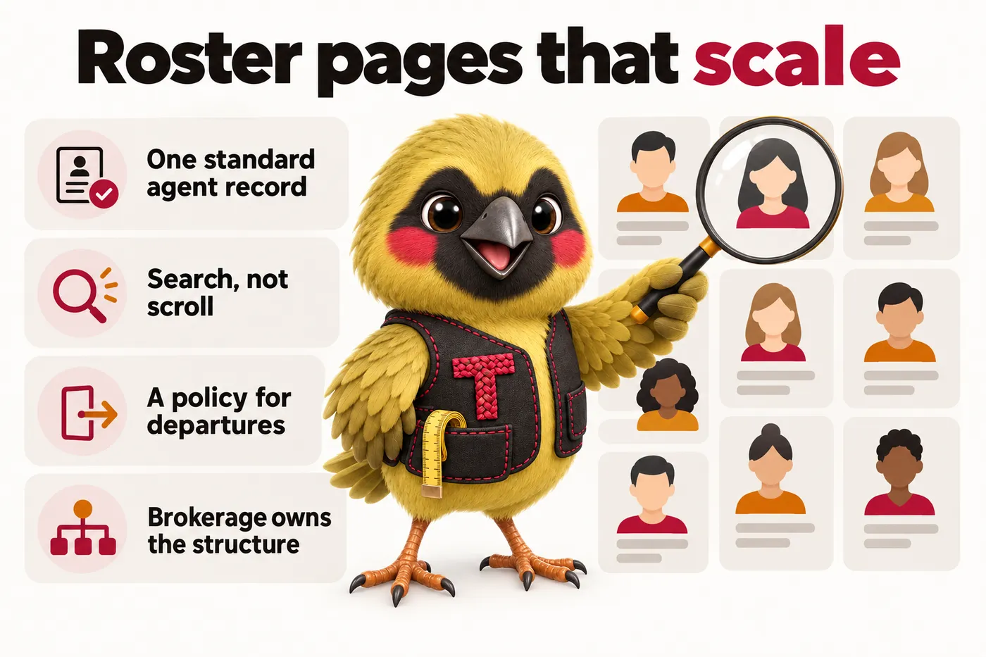 Infographic with Twill the mascot: Roster pages that scale. One standard agent record. Search, not scroll. A policy for departures. Brokerage owns the structure.