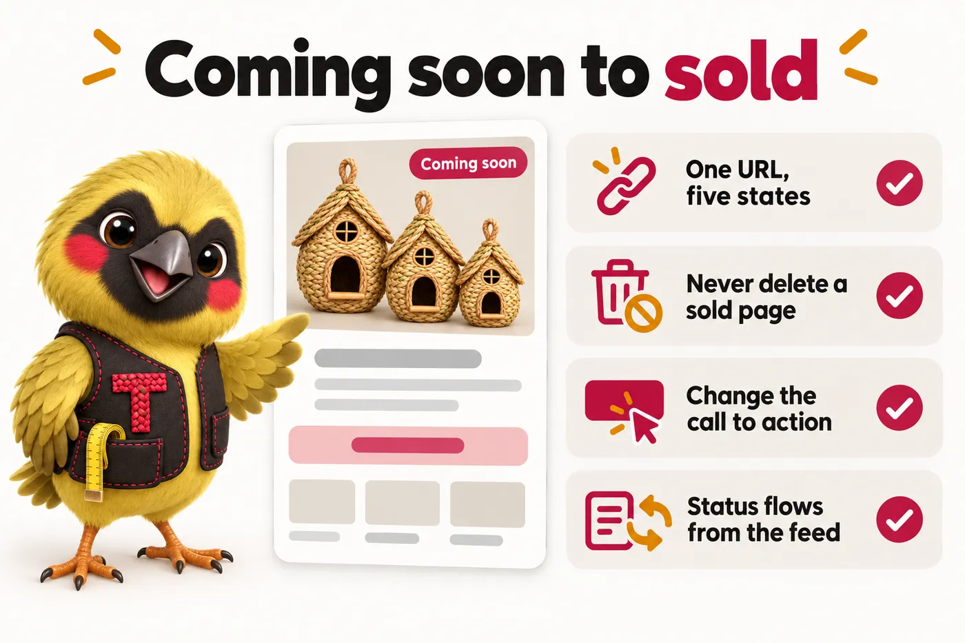 Infographic with Twill the mascot: Coming soon to sold. One URL, five states. Never delete a sold page. Change the call to action. Status flows from the feed.