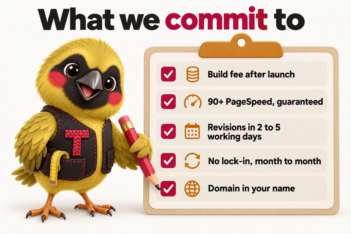 Infographic with Twill the mascot: What we commit to. Build fee after launch. 90+ PageSpeed, guaranteed. Revisions in 2 to 5 working days. No lock-in, month to month. Domain in your name.