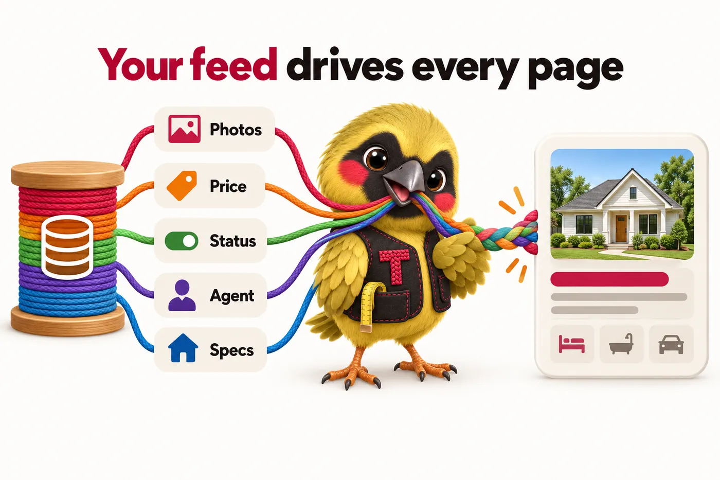 Infographic with Twill the mascot: Your feed drives every page. Photos. Price. Status. Agent. Specs.