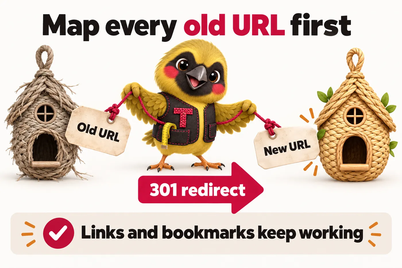 Infographic with Twill the mascot: Map every old URL first. Old URL. 301 redirect. New URL. Links and bookmarks keep working.