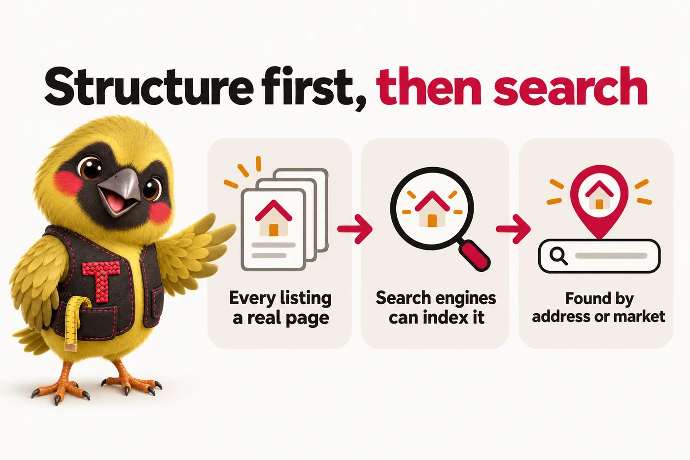 Infographic with Twill the mascot: Structure first, then search. Every listing a real page. Search engines can index it. Found by address or market.