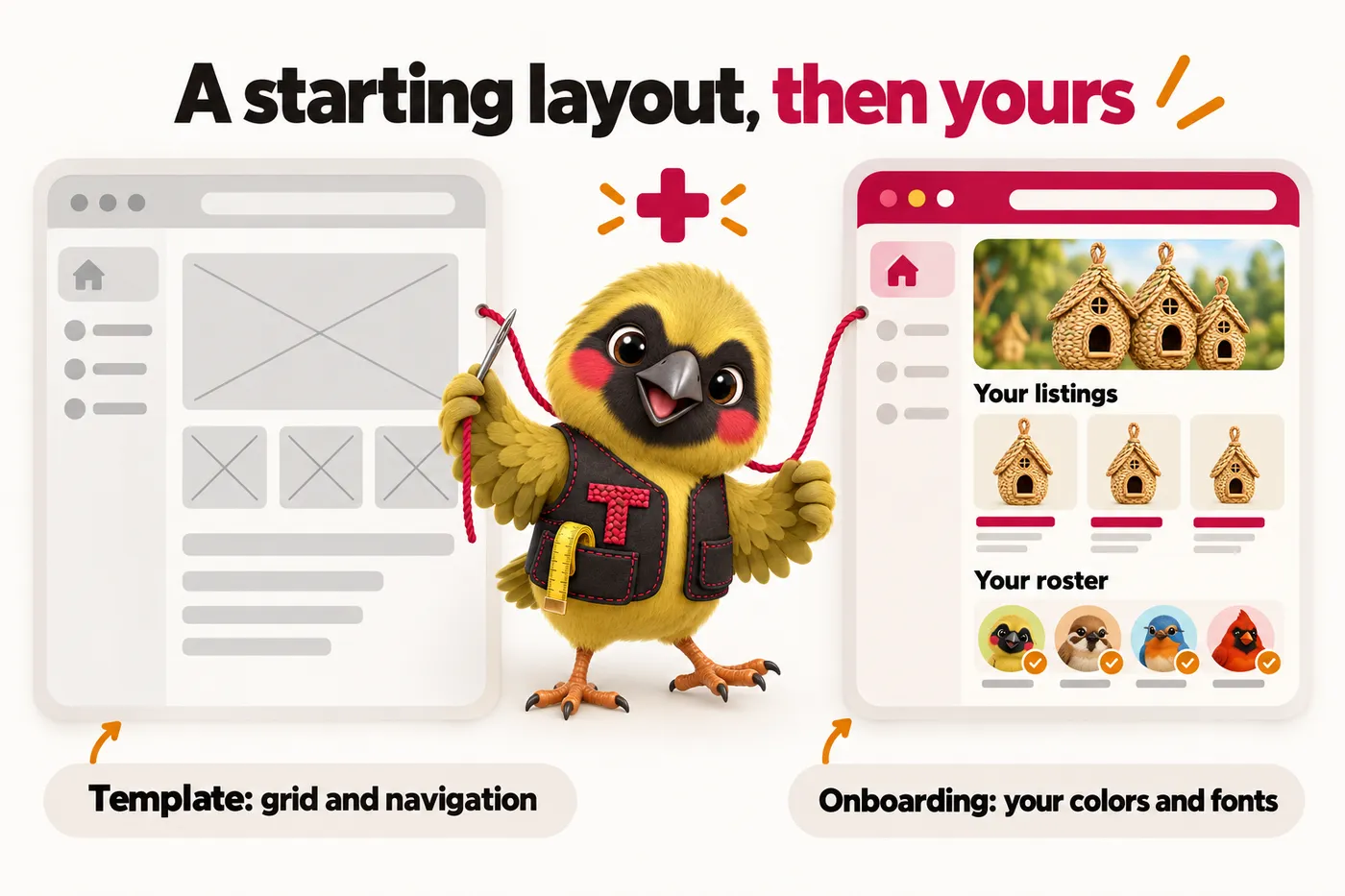 Infographic with Twill the mascot: A starting layout, then yours. Template: grid and navigation. Onboarding: your colors and fonts. Your listings. Your roster.