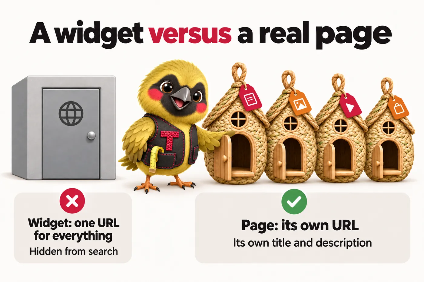 Infographic with Twill the mascot: A widget versus a real page. Widget: one URL for everything. Hidden from search. Page: its own URL. Its own title and description.