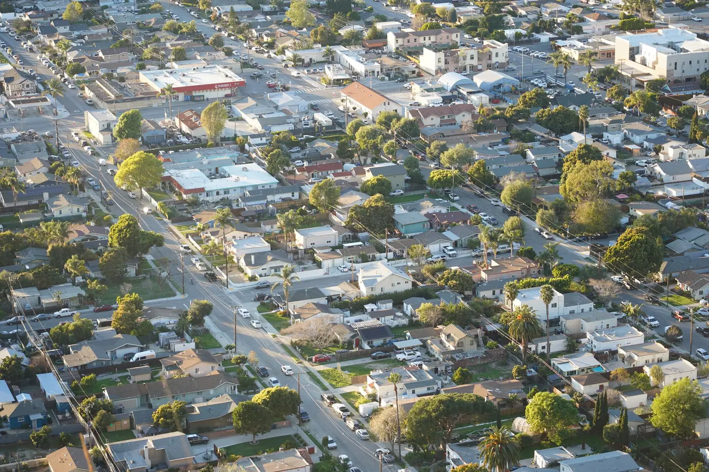 Aerial view of a residential neighborhood in Ventura, California, with streets of single-family homes