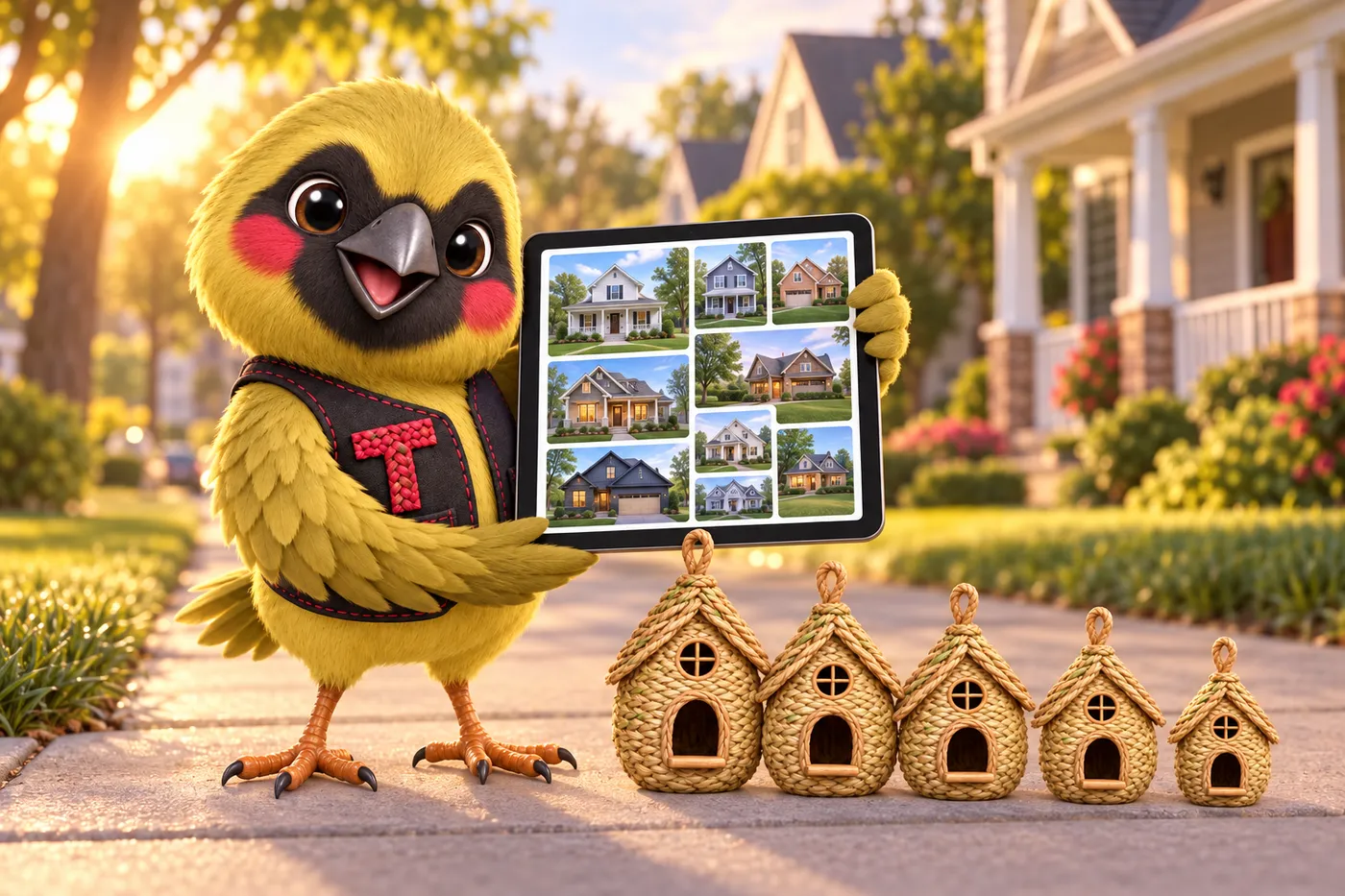 Twill the weaver bird mascot on a suburban sidewalk holding up a tablet showing a grid of listing photos, a row of tiny woven nest houses beside it