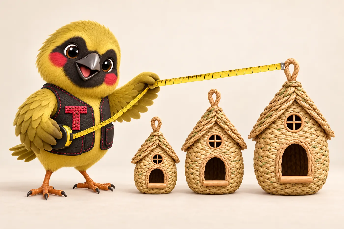 Twill the weaver bird mascot measuring three woven nest houses of increasing size with a tape measure