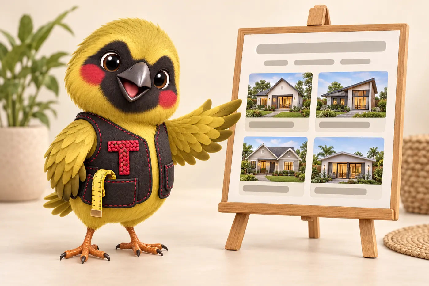 Twill the weaver bird mascot pointing at an easel showing a website layout of listing photo tiles