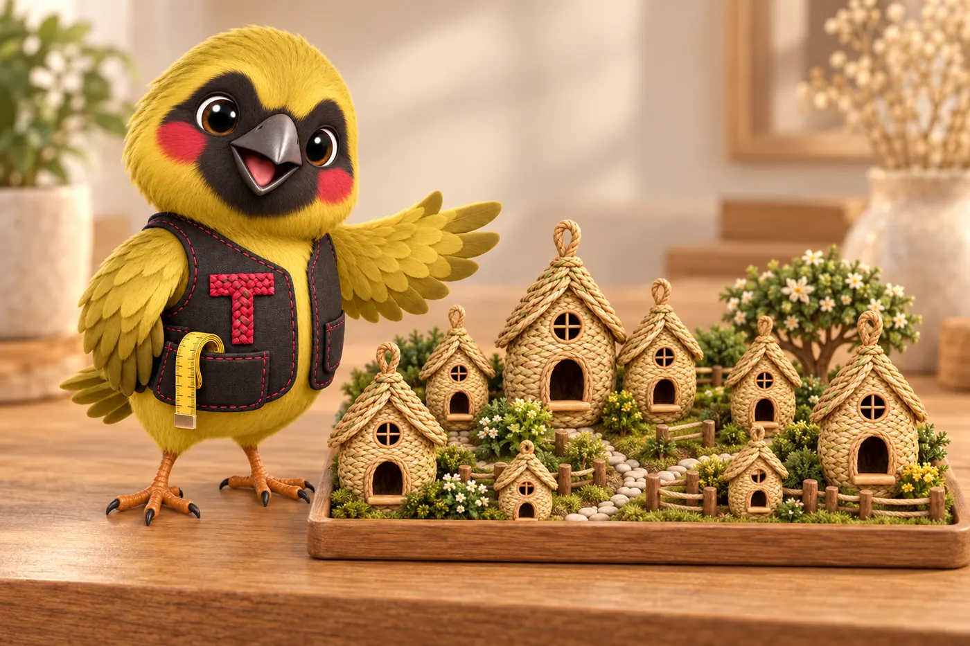 Twill the weaver bird mascot presenting a tidy neighbourhood of tiny woven nest houses on a tray
