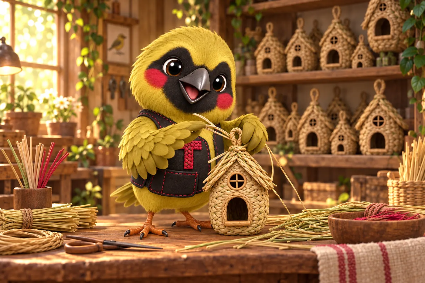 Twill the weaver bird mascot weaving a small straw house at a workbench, shelves of finished nest houses behind